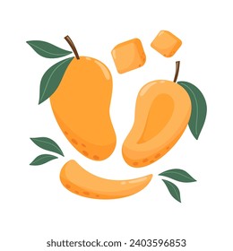 Mango composition with leaves. Set of sweet whole, slice, cube tropical fruit. Summer vitamin vector abstract illustration for banner, poster, flyer, social media. Cartoon flat style.