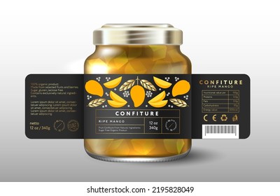 Mango confiture. Sweet food. Black label with whole mango, cut fruits and gold leaves. Glass jar with label mockup.