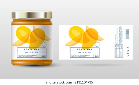 
Mango confiture. Sweet jam. Transparent slices, halves and cut fruits. Label and packaging simple design.