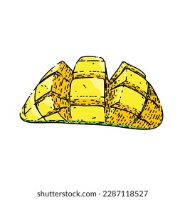 cubos de mango cortados a mano. amarillo hoja, verde tropical, dulce maduro, rojo trozo, postre jugo cubos de mango cortado esquetos vectoriales. ilustración de color aislado
