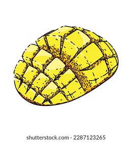 mango cubes fruit hand drawn. leaf yellow, tropical cut, green fresh, sweet slice, red juice mango cubes fruit vector sketch. isolated color illustration