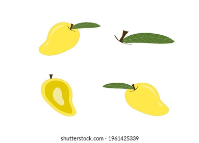 Mango and mango cut in half and mango leaves