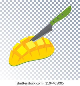 Mango cut with a knife. Served on a mango table. Treat, dessert. Tropical, exotic fruit of mango. Set 1