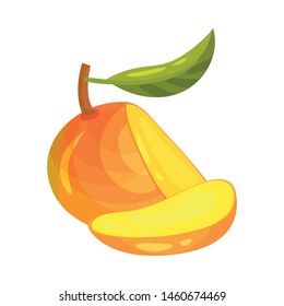Mango with a cut piece that lies nearby. Vector illustration on white background.