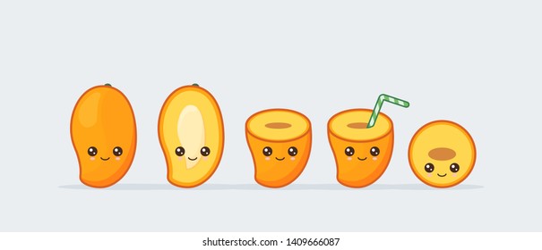 Mango cute kawaii mascot. Set of funny kawaii drawn fruit in the cut