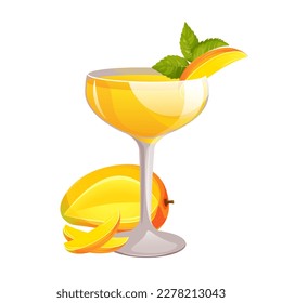 Mango daiquiri.Alcoholic refreshing drink with mint and mango slices.Vector illustration.