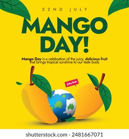 Anuncio de celebración del Día del Mango, publicación en medios sociales. 22 de julio Anuncio internacional del día del mango con dos deliciosos mangos rasgados con globo de tierra sobre fondo amarillo. El día celebra al rey de las frutas. 