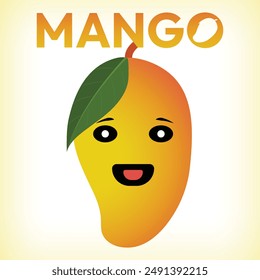 mango design with cute mango smiley face, light yellow with white background illustration, mango poster design.