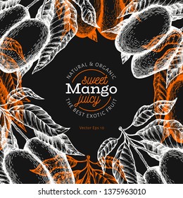 Mango design template. Hand drawn vector tropic fruit illustration on chalk board. Engraved style fruit. Retro exotic food banner.