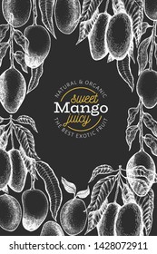 Mango design template. Hand drawn vector tropic fruit illustration on chalk board. Engraved style fruit. Vintage exotic food banner.