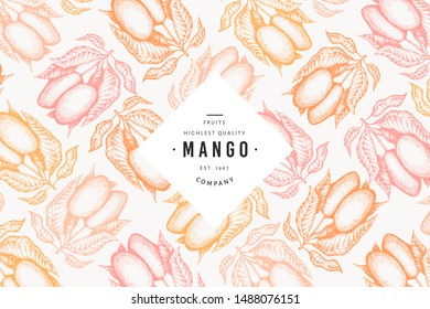 Plantilla de diseño de mango. Ilustración de frutas tropicales vectoriales dibujada a mano. Fruta de estilo grabado. Pancarta de comida exótica retro.