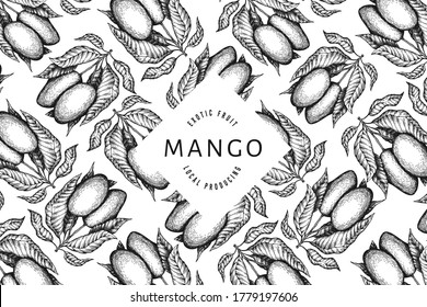 Mango design template. Hand drawn vector tropic fruit illustration. Engraved style fruit. Vintage exotic food banner.