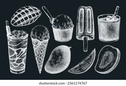 Mango and desserts sketches on chalkboard. Summer food hand drawn vector illustrations. Tropical fruit,  ice cream, cocktails, sorbet, gelato drawings. Sweet food design elements for labels, packaging