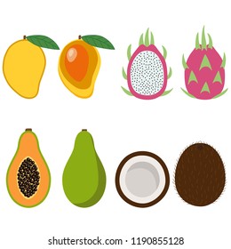 mango, dragon fruit, pitaya, papaya and coconut whole and cut tropical exotic sweet fruit pink green orange brown white summer icon vector.