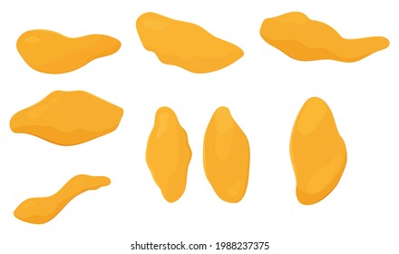Mango dried fruit slices, cartoon vector illustration. Candied succades, sweet dessert and confection isolated on white.