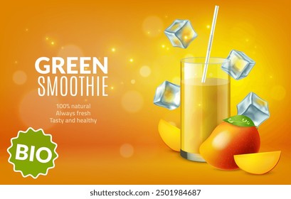 Mango drink. Smoothie advertising banner, fruit juice product presentation. Realistic isolated tropical mango, slices and glass with beverage, flying ice cubes. Healthy cocktail. Vector concept