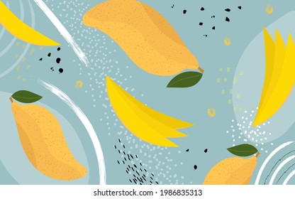 Mango fruta exótica abstracta mano dibujando fondo azul. Cartel, etiqueta para un bar, cóctel, zumo, helado. Ilustración para el diseño de menús o embalajes