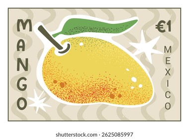 Mango exotic fruit postage stamp template. Vector vintage style design isolated on transparent background. Hand-drawn mail postmark with exotic tropical fruit . Bright and trendy cartoon sticker.