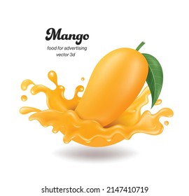 El mango cae en impacto con el jugo de mango causando una amplia salpicadura de agua, vector 3d aislado en fondo blanco para hacer el concepto de zumo de fruta