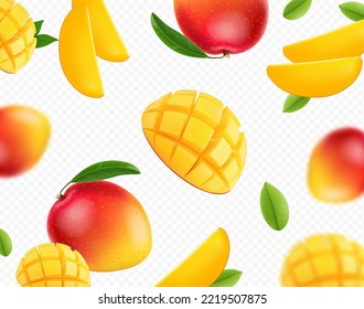 El mango cae vector realista. Cortes de mango de frutas sobre fondo transparente.