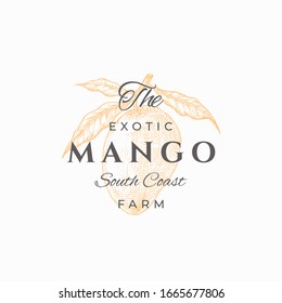 Mango Farms Abstract Vector Sign, Symbol Or Logo Template. Hand Drawn Mango With Leaves Sketch With Retro Typography. Vintage Luxury Emblem. Isolated.