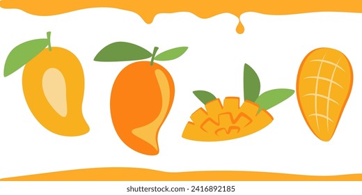 Ilustración vectorial de diseño plano de mango. Composición de todo un mango y sus partes en un estilo sencillo.