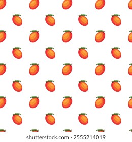 Mango flat seamless pattern on white background. Wrapping paper, gift card, poster, banner design. Home decor, modern textile print. Summer bright geometric fruits patterned.