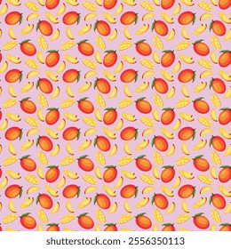 Mango flat seamless pattern on pink background. Wrapping paper, gift card, poster, banner design. Home decor, modern textile print. Summer bright geometric fruits patterned.