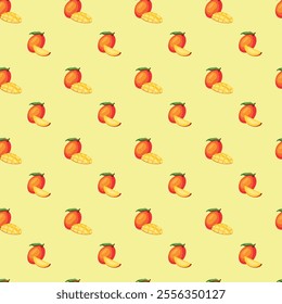 Mango flat seamless pattern on yellow background. Wrapping paper, gift card, poster, banner design. Home decor, modern textile print. Summer bright geometric fruits patterned.