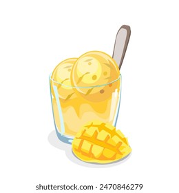 Helado con sabor a mango en un vaso transparente.Ilustración vectorial aislada en blanco.