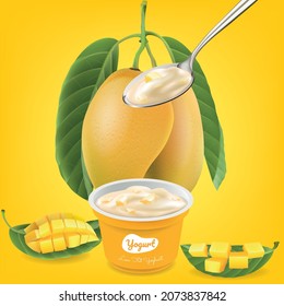 Mango flavored ice cream cup.pieces of mango.Yogurt Spoon