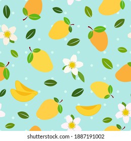 Mango and flowers, slices, and leaves, flat vector illustrations with tiny dots over sky blue background, seamless pattern