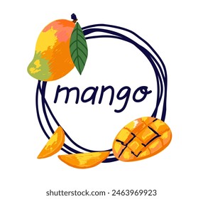 Mango frame. Abstract exotic tropical fresh fruit, whole half and slice, green leaves. Healthy dessert, organic juice, botanical element, vector cartoon minimalistic isolated hand drawn illustration