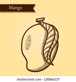 Mango, fresh fruits. Retro style. Easily editable vector. Vegetable on the yellow retro background. Isolated vector.