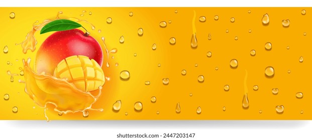 Mango fresh juice splash. Mango fruit beverage with condensation drops on yellow background. 3d realistic illustration banner