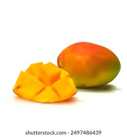 Mango. Fresh, nutritious, delicious mango. A delicious and healthy dessert. Elements for label design. Fruit ingredients in mesh technique. Vector illustration.