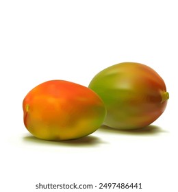 Mango. Mango fresco, nutritivo y delicioso. Un postre delicioso y saludable. Elementos para el diseño de etiquetas. Ingredientes de frutas en técnica de malla. Ilustración vectorial.