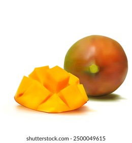 Mango. Fresh, nutritious, delicious mango. A delicious and healthy dessert. Elements for label design. Fruit ingredients in mesh technique. Vector illustration.