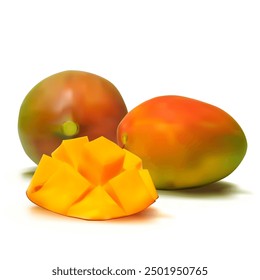 Mango. Fresh, nutritious, delicious mango. A delicious and healthy dessert. Elements for label design. Fruit ingredients in mesh technique. Vector illustration.