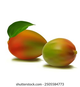 Mango. Mango fresco, nutritivo y delicioso. Un postre delicioso y saludable. Elementos para el diseño de etiquetas. Ingredientes de frutas en técnica de malla. Ilustración vectorial.