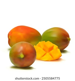 Mango. Fresh, nutritious, delicious mango. A delicious and healthy dessert. Elements for label design. Fruit ingredients in mesh technique. Vector illustration.