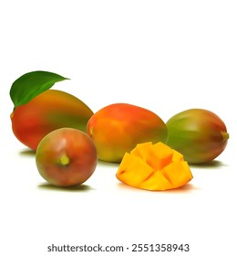 Mango. Fresh, nutritious, delicious mango. A delicious and healthy dessert. Elements for label design. Fruit ingredients in mesh technique. Vector illustration.