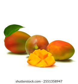 Mango. Fresh, nutritious, delicious mango. A delicious and healthy dessert. Elements for label design. Fruit ingredients in mesh technique. Vector illustration.