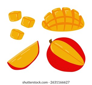 Manga fruta exótica tropical fresca. Frutas cortadas em fatias, descascadas. Ilustração à mão desenhada por vetor, isolada sobre fundo branco.