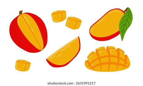 Conjunto de frutas exóticas tropicais frescas de manga. Frutas cortadas em fatias, descascadas. Ilustração à mão desenhada por vetor, isolada sobre fundo branco.