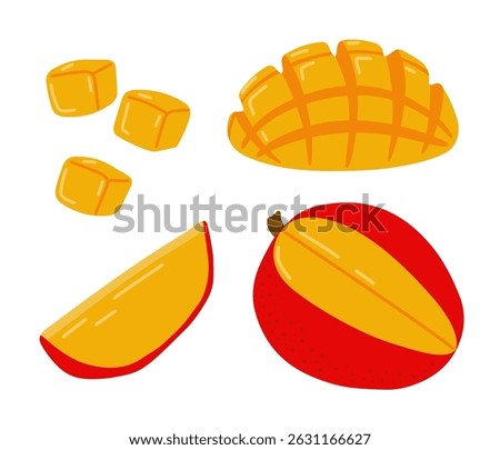 Mango fresh tropical exotic fruit. Sliced, cut, peeled fruit. Vector hand-drawn illustration, isolated on white background.
