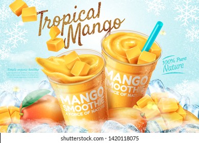 Mango frozen smoothie ads with fresh fruit and ice cubes in 3d illustration