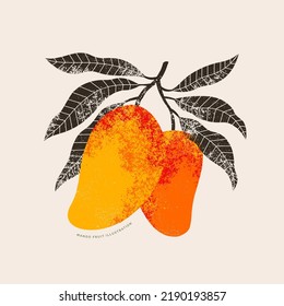 Ilustración abstracta de frutos de mango. Estilo vintage. Planta de mango madura con hojas. Ilustración del vector