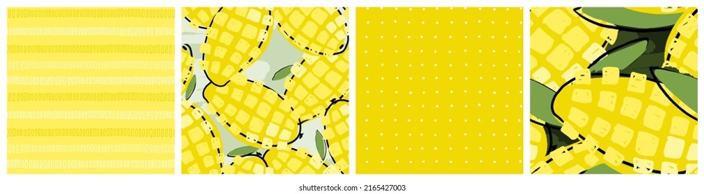 Mango fruit abstract seamless pattern. Colorful kitchen textile or product packaging background in yellow, green and mint  colors.