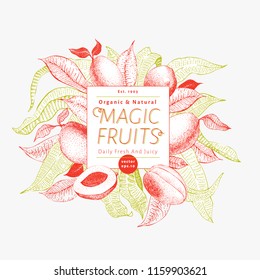 Mango fruit banner template. Hand drawn vector fruit illustration. Engraved style vintage exotic background.